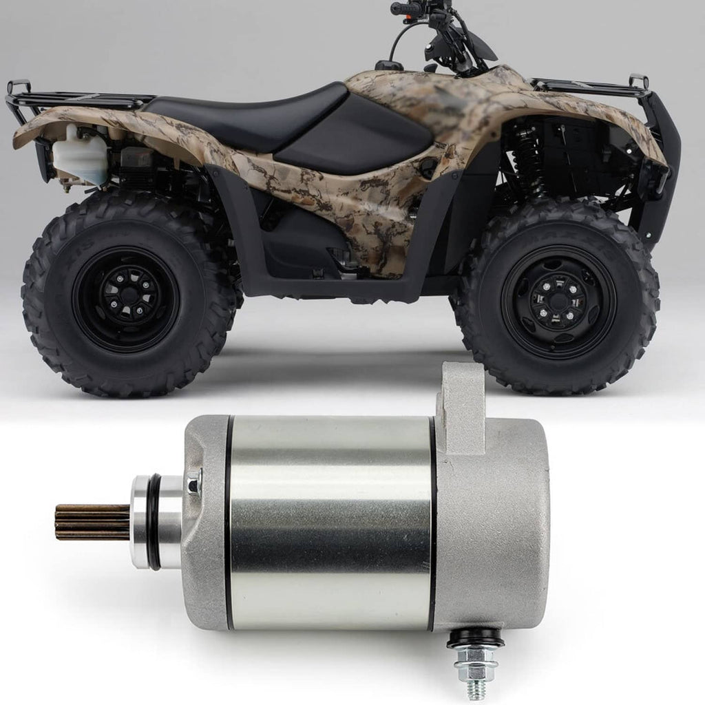 Starter motor with pinion gear shaft shown alongside an ATV