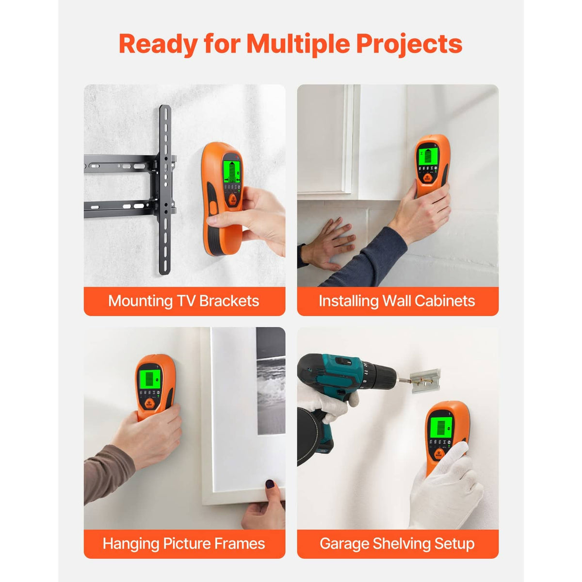 Orange wall scanner with green LCD screen for multiple home projects