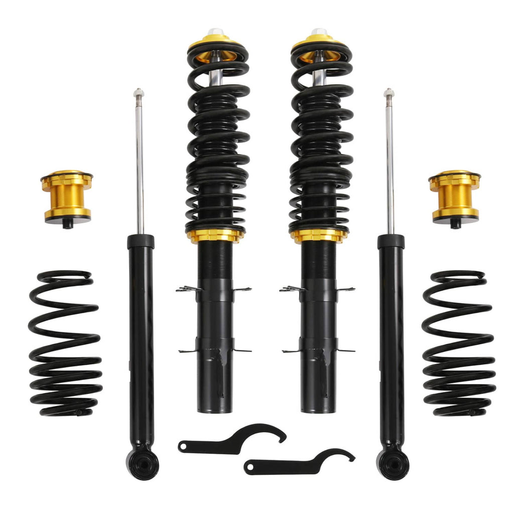 Coilover shock strut set with black coil springs and gold adjustment tops, front and rear components