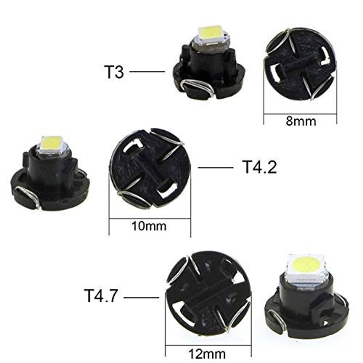 LED wedge bulbs with white chips; T4.7 12mm base, compact black housing