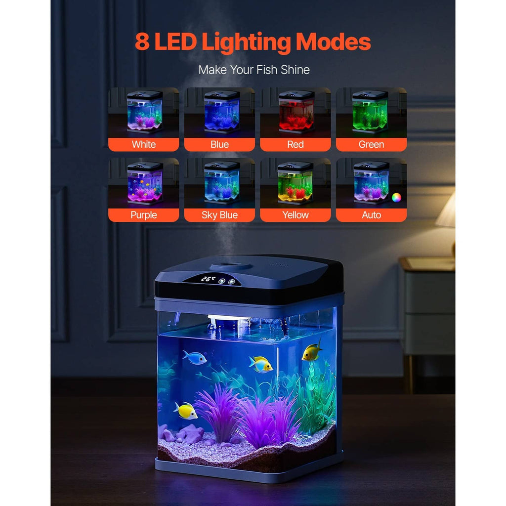 Square LED aquarium with blue-lit interior, fish, and pink purple plant decor