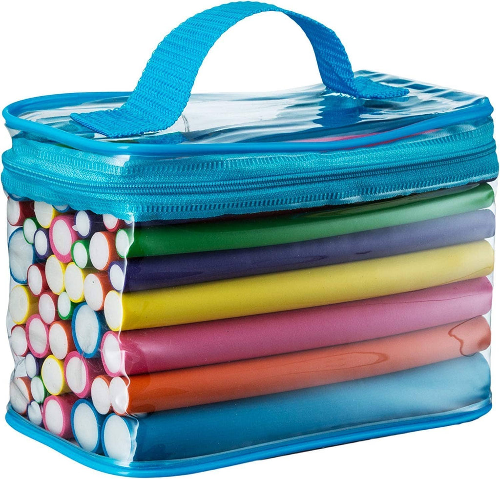 Heatless flexible hair rods stacked in a blue zip carrying case, multi-color