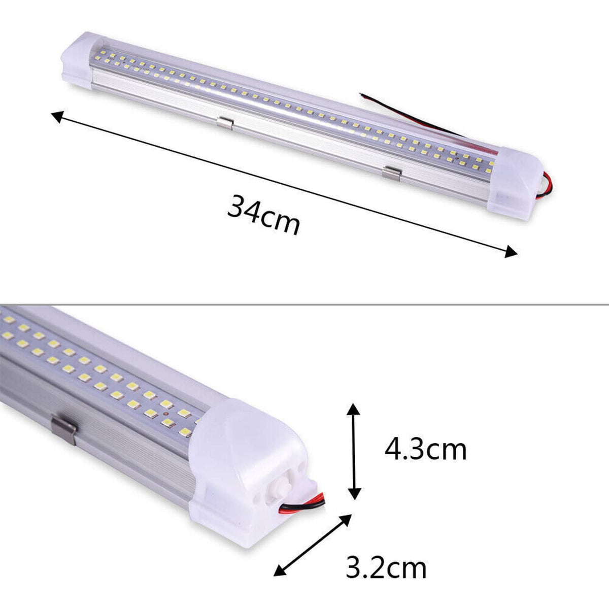 White LED light bar, 34 cm long with compact end caps and clear cover over LED strip