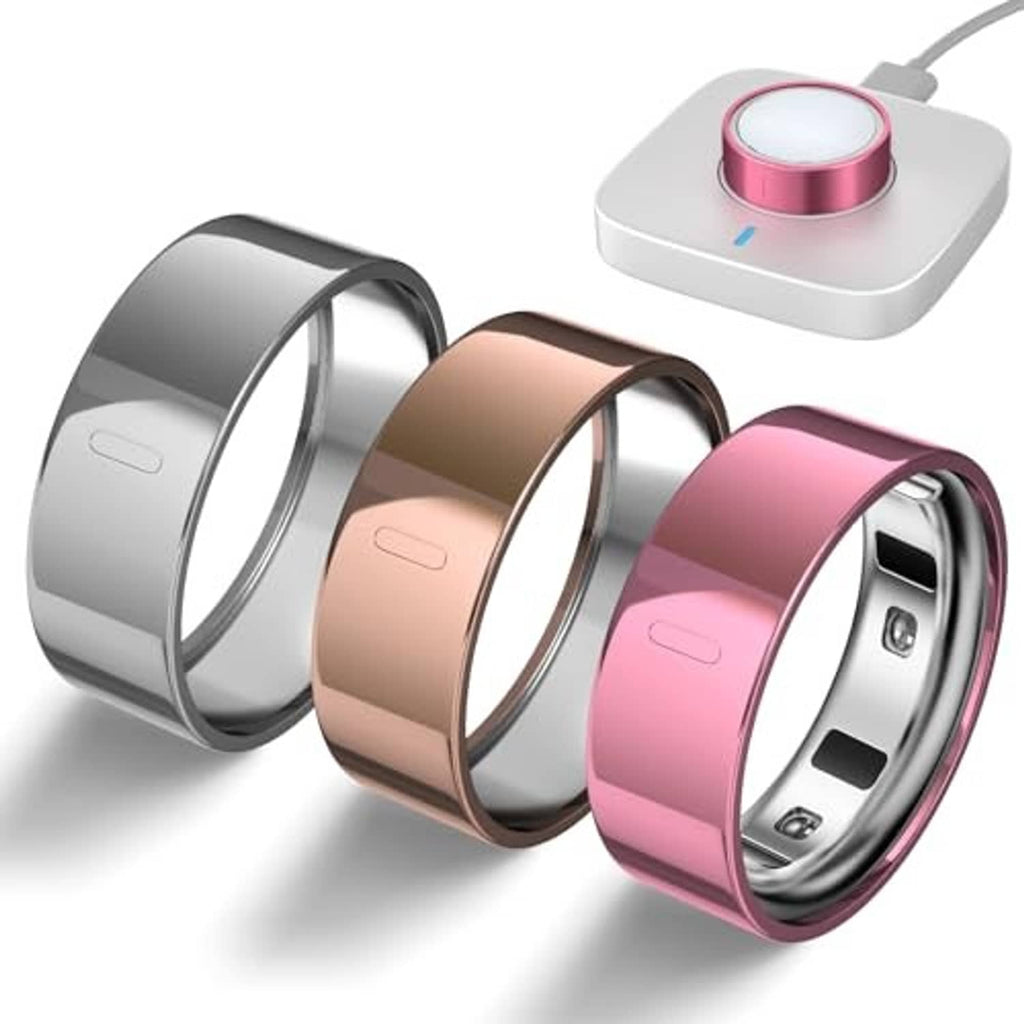 3-pack ring covers in silver, rose gold, and rose pink, circular openings close-up