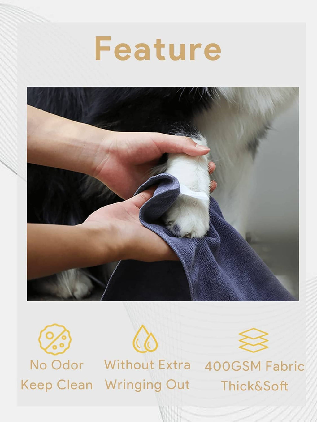 Navy microfiber pet drying towel being used on a dog’s wet fur