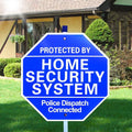 Blue octagon yard security sign on a stake with 'PROTECTED BY HOME SECURITY SYSTEM' text
