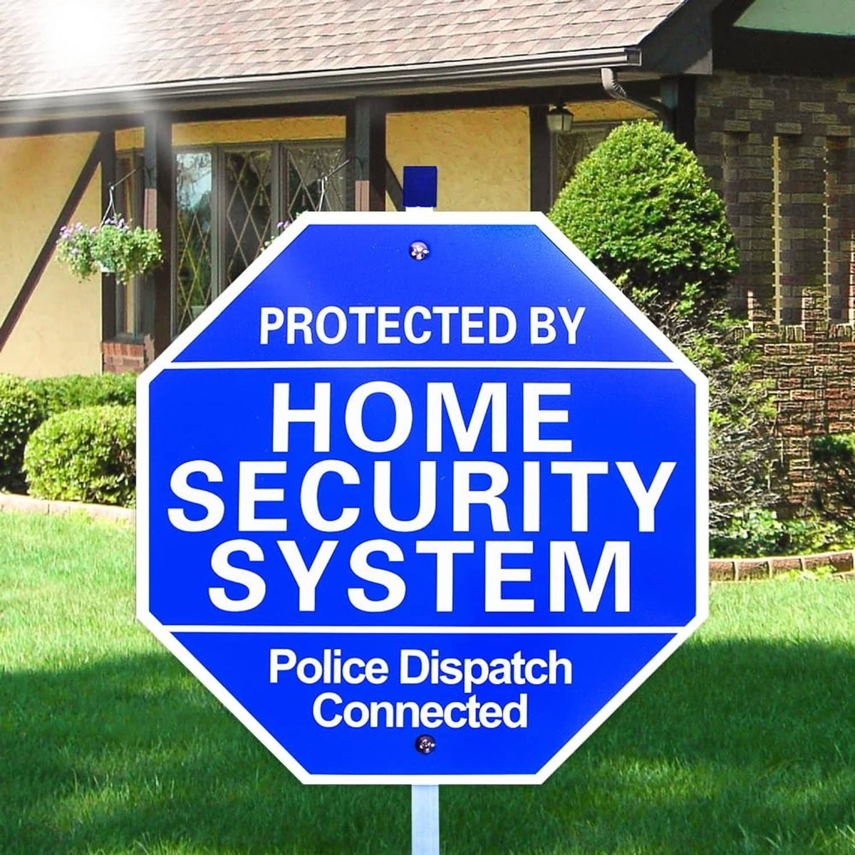 Blue octagon yard security sign on a stake with 'PROTECTED BY HOME SECURITY SYSTEM' text