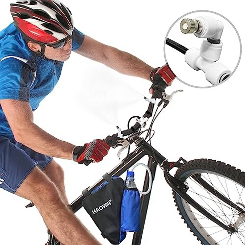 Bicycle portable misting system with blue foldable bucket, black pump, and nozzle tubing