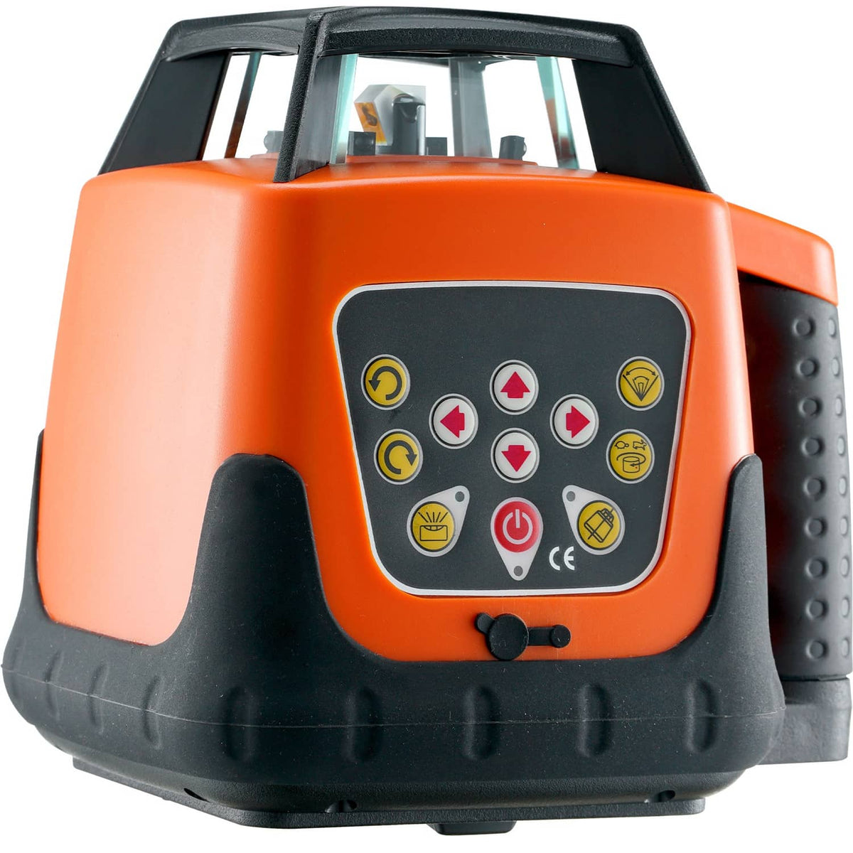 Orange 360° rotary laser level viewed from front with button control panel