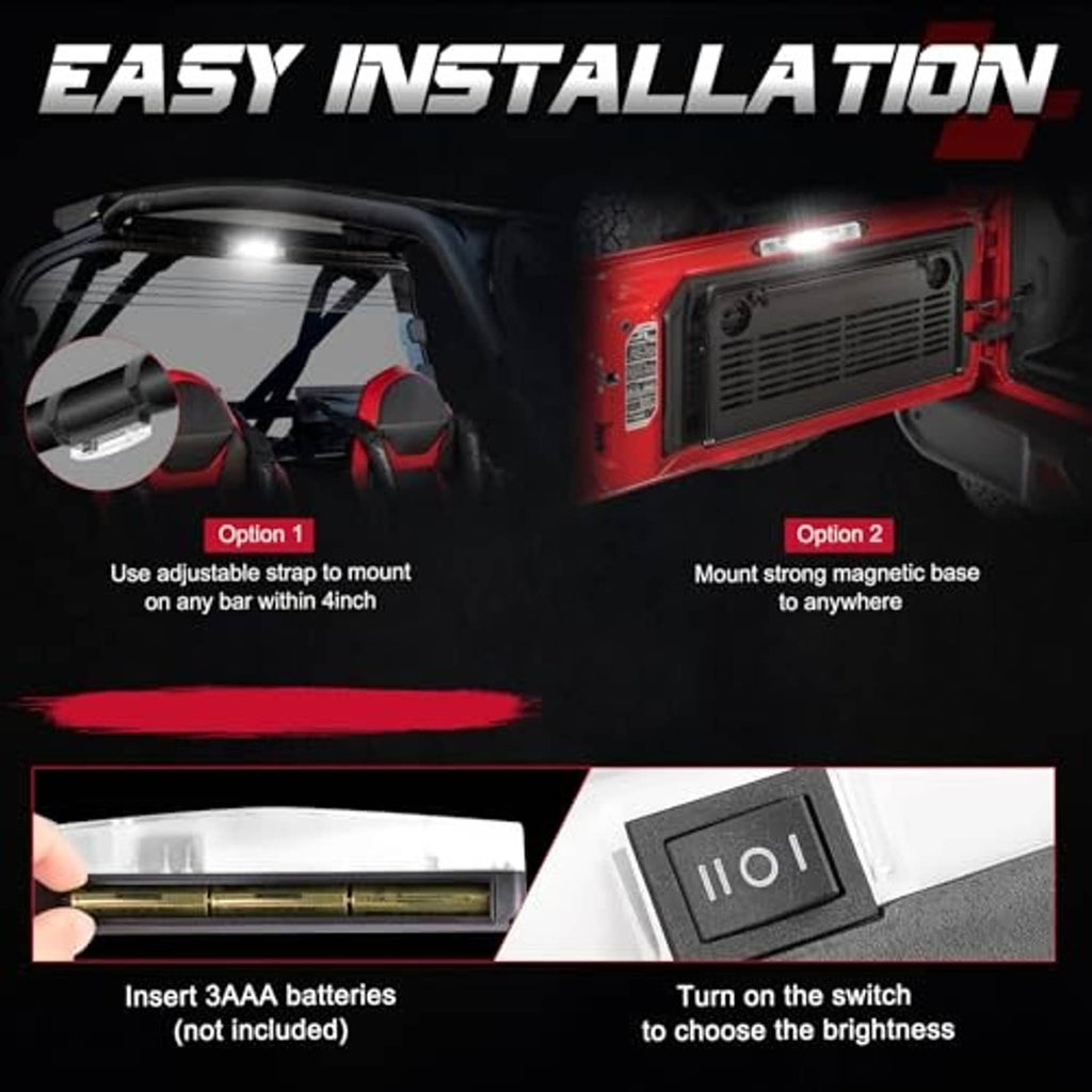 Roll-cage LED light with strong magnetic base, adjustable nylon strap, and on/off switch