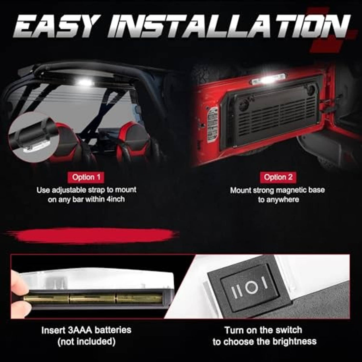 Roll-cage LED light with strong magnetic base, adjustable nylon strap, and on/off switch