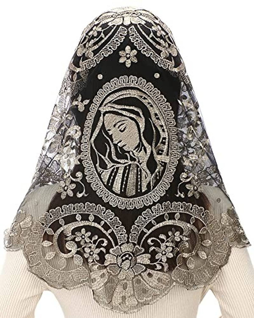 Black lace triangular Catholic mass mantilla with ornate floral trim and scalloped edge