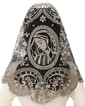Black lace triangular Catholic mass mantilla with ornate floral trim and scalloped edge
