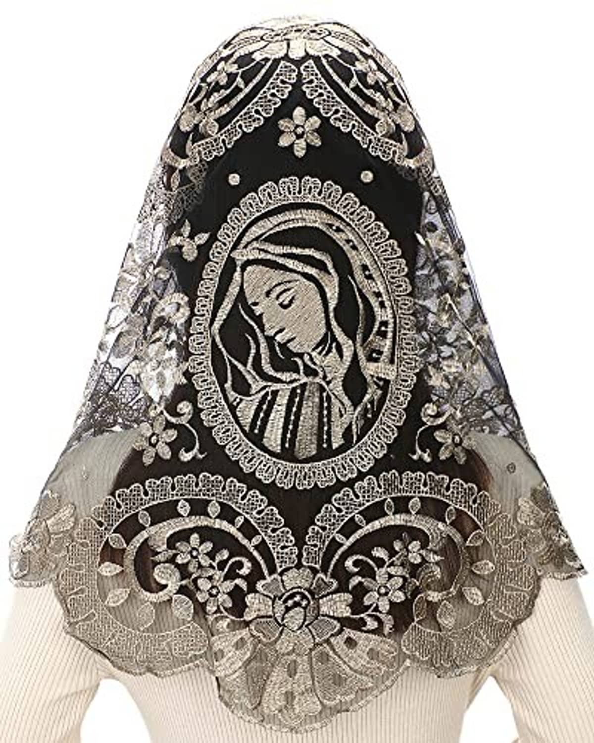 Black lace triangular Catholic mass mantilla with ornate floral trim and scalloped edge