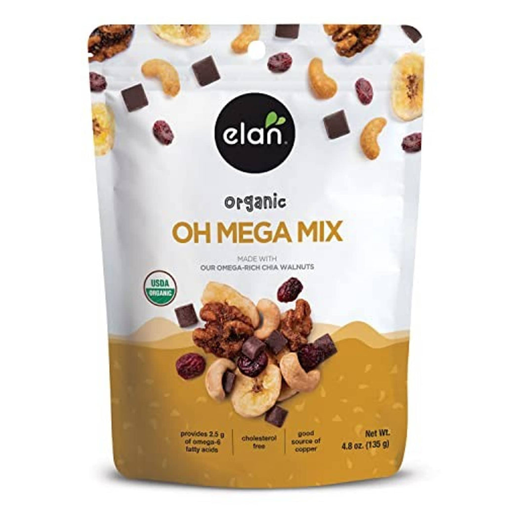 Organic Oh Mega Mix snack mix pouch, white front with gold bottom and nut-and-fruit graphics