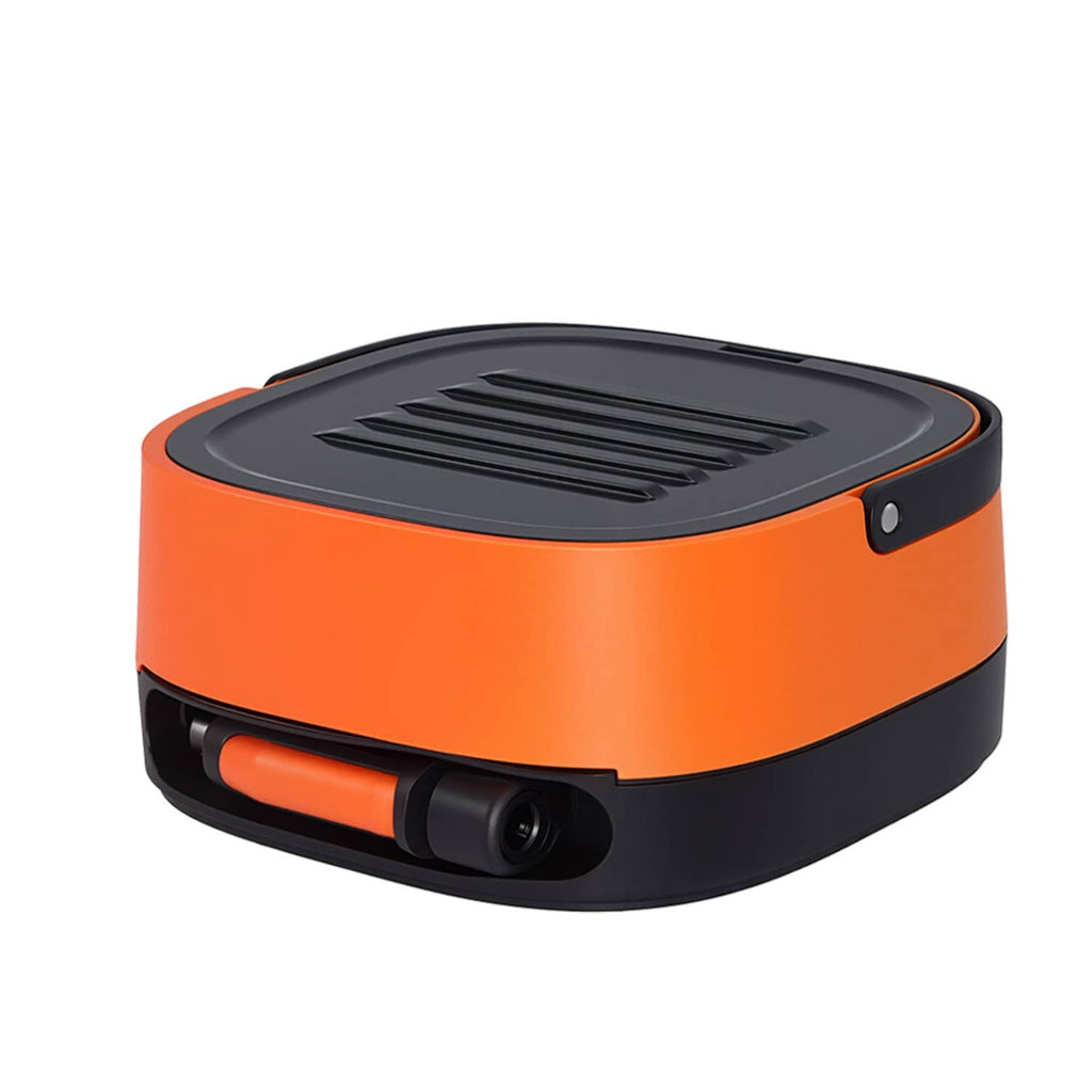 Portable cordless pressure washer, orange and black with top nozzle panel
