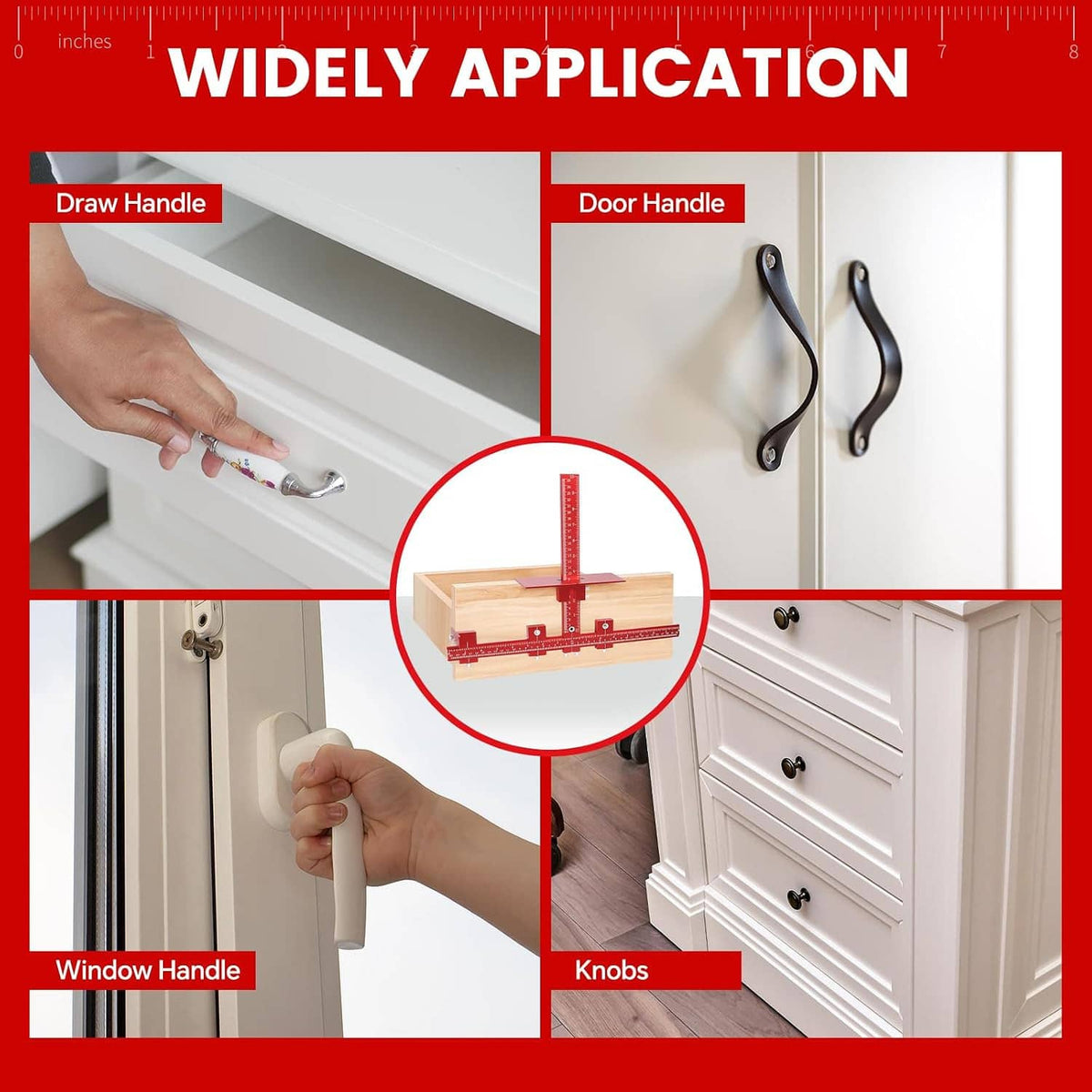 Cabinet handle jig in use on wood cabinet doors and drawers for handle and knob holes