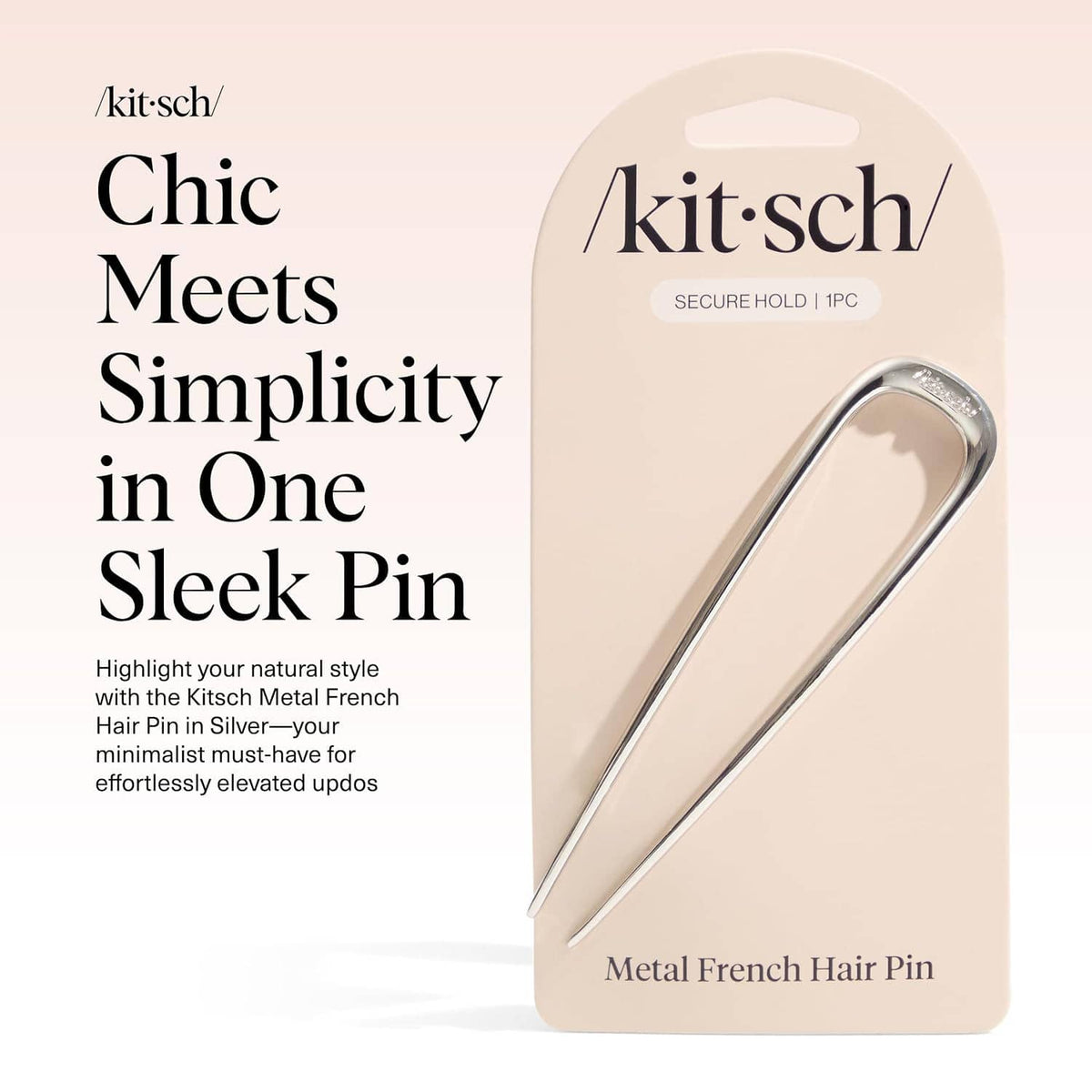 Metal French hair pin in a retail card package with silver pin