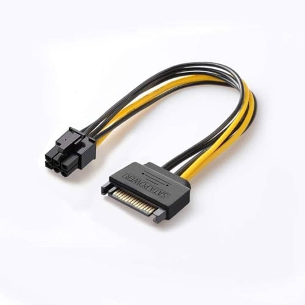 SATA 15-pin to 6-pin PCIe power adapter cable, black connectors with yellow striped leads.