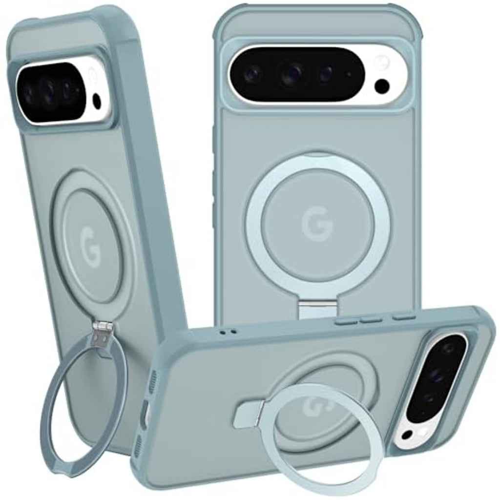 Teal magnetic phone case with circular ring kickstand, camera cutout, and side buttons