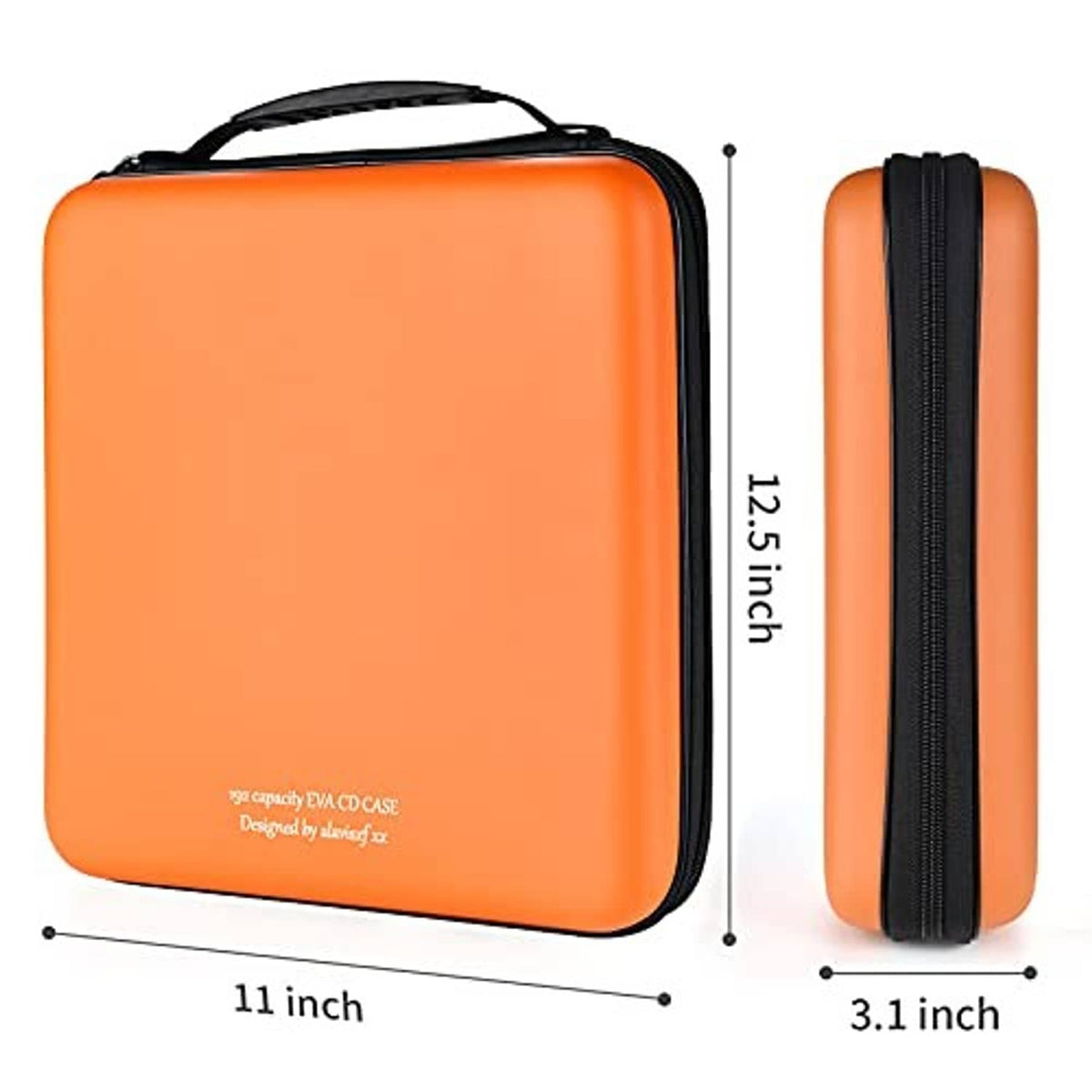 Orange CD wallet case with black zipper; size shown as 11 in by 3.1 in