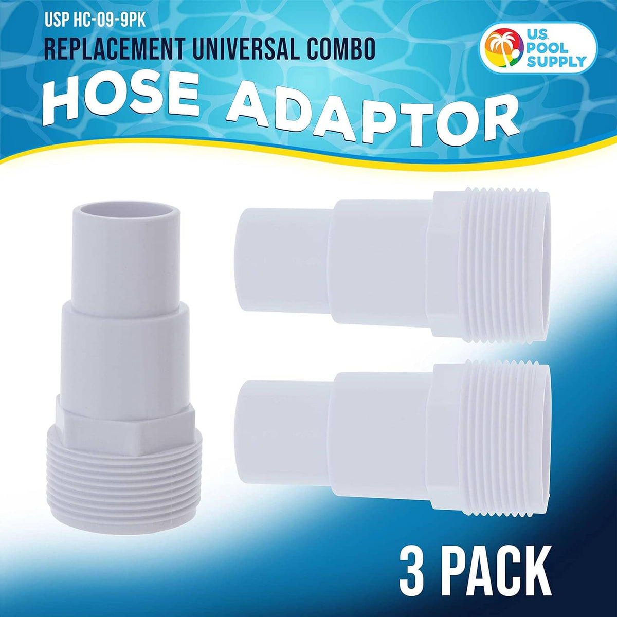 White ABS plastic universal combo hose adapter, threaded ends, 3-pack