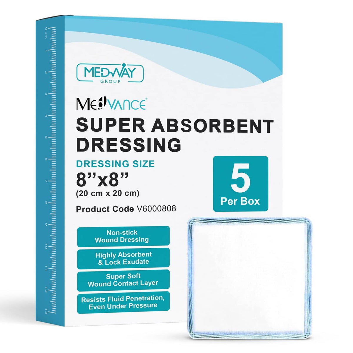 8x8 super absorbent wound dressing pad, white center with blue nonstick border