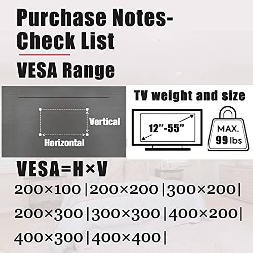 TV wall mount purchase checklist graphic listing VESA range and max TV weight