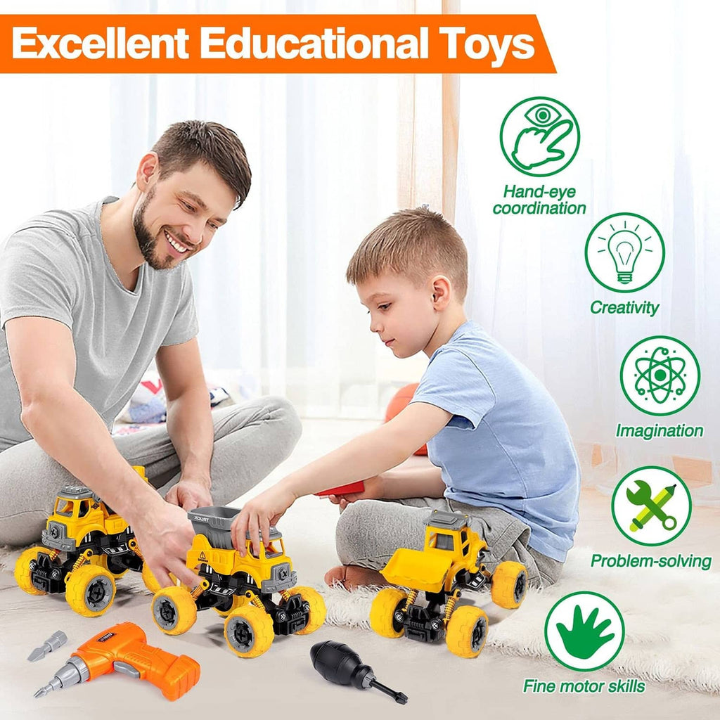 Take-apart construction vehicles with drill tool and small parts for building play