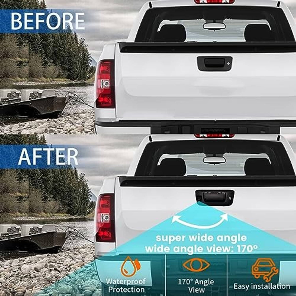 Truck tailgate handle with backup camera installed, shown in before-and-after view