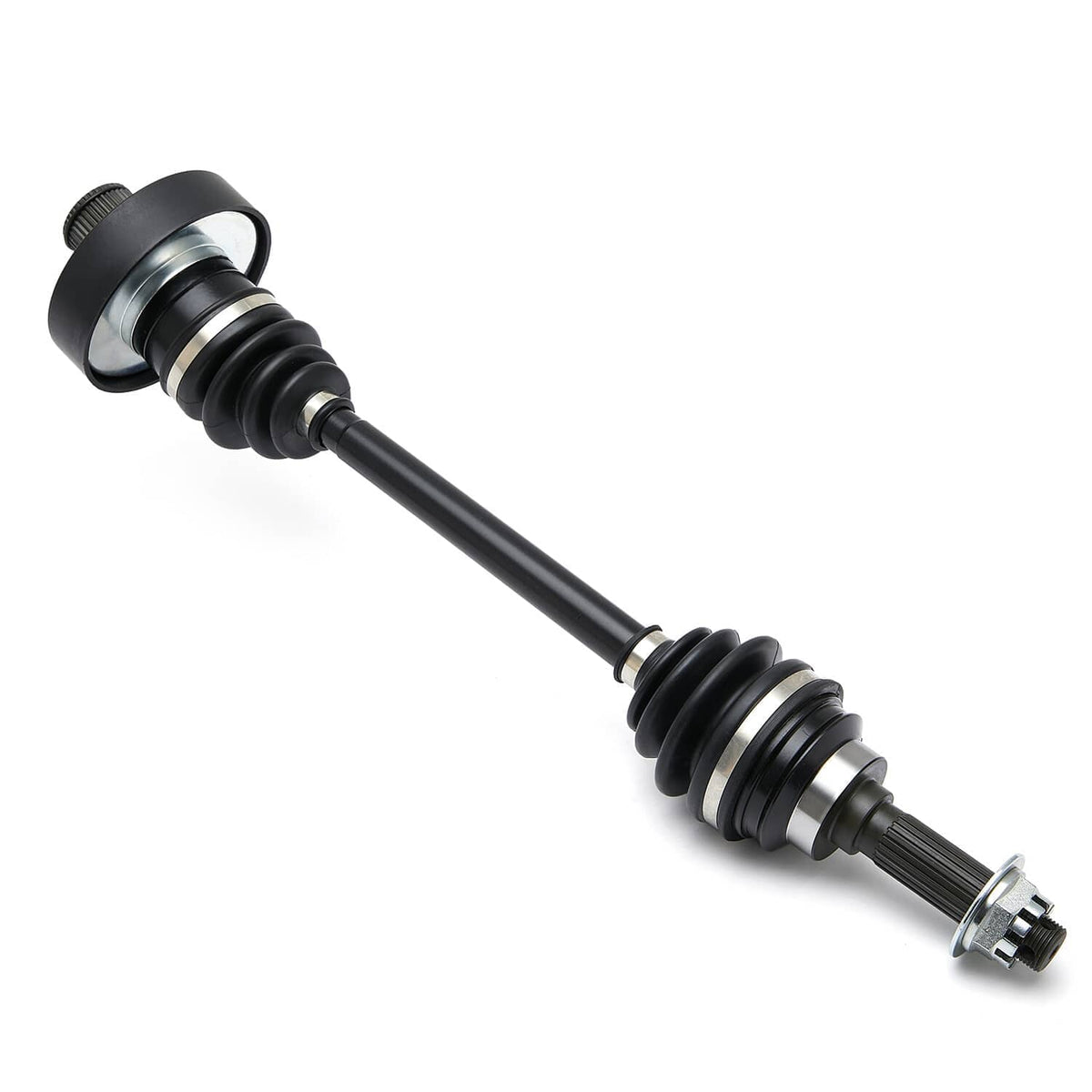 CV axle drive shaft with black rubber boot and silver splined end