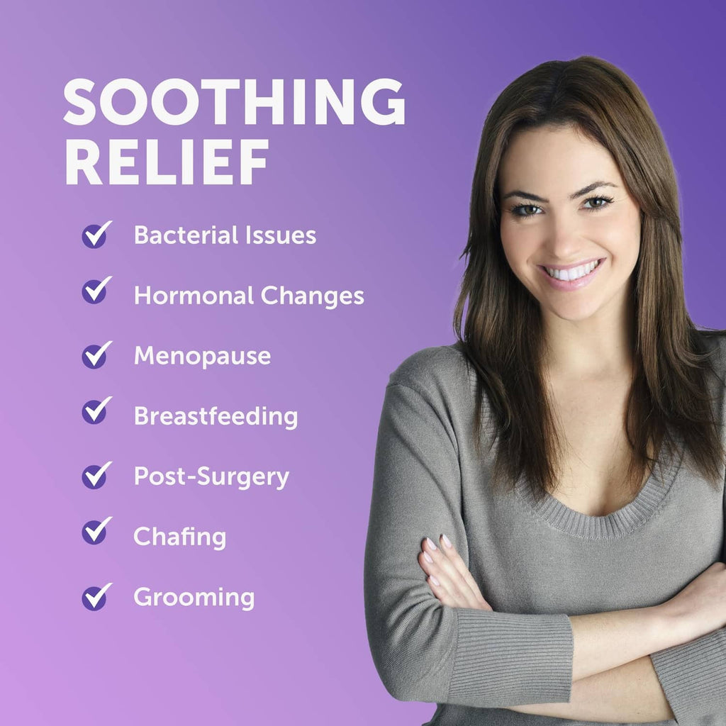 Vulva Harmony soothing relief promotional graphic with list of support areas