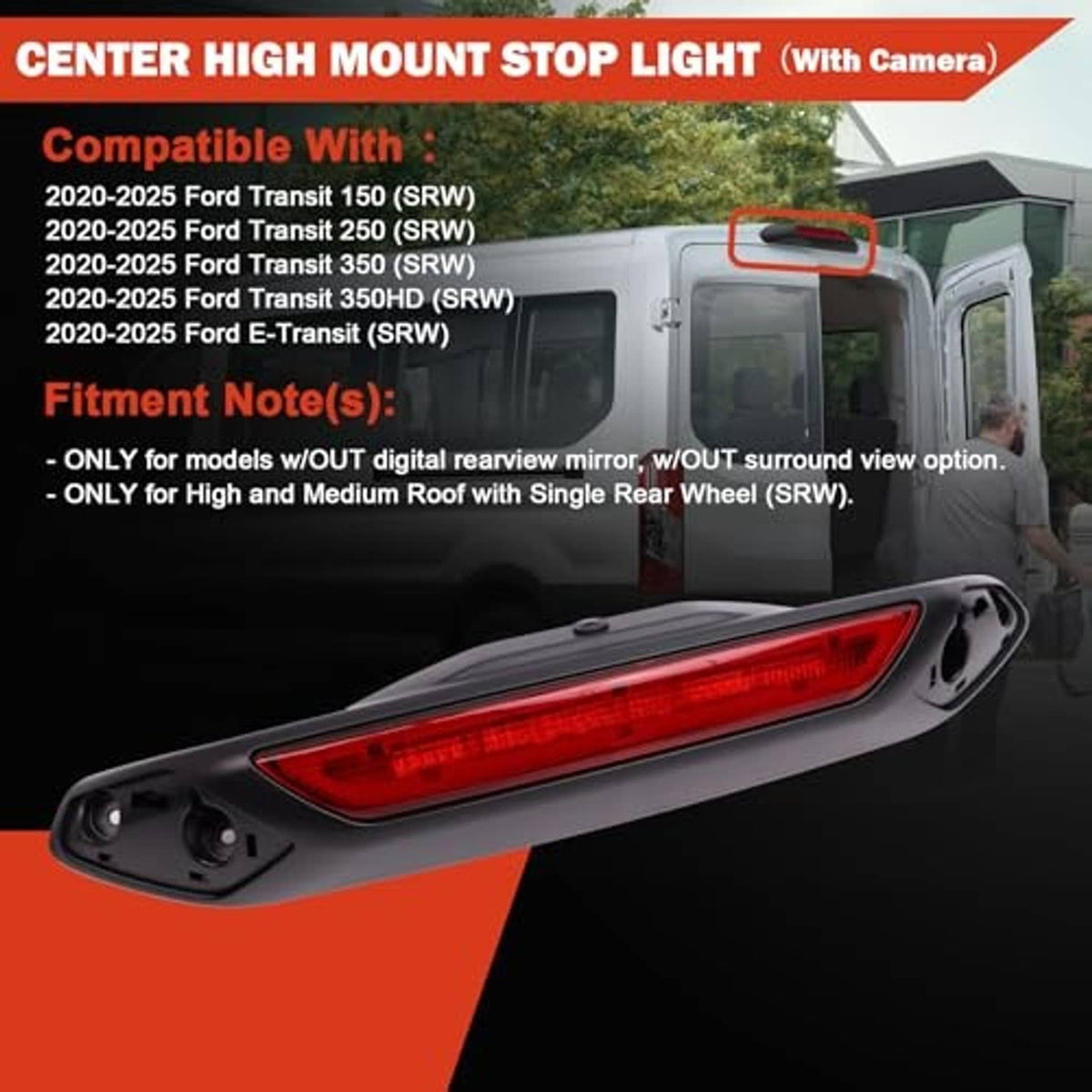 Center high mount stop light with built-in camera lens and black housing