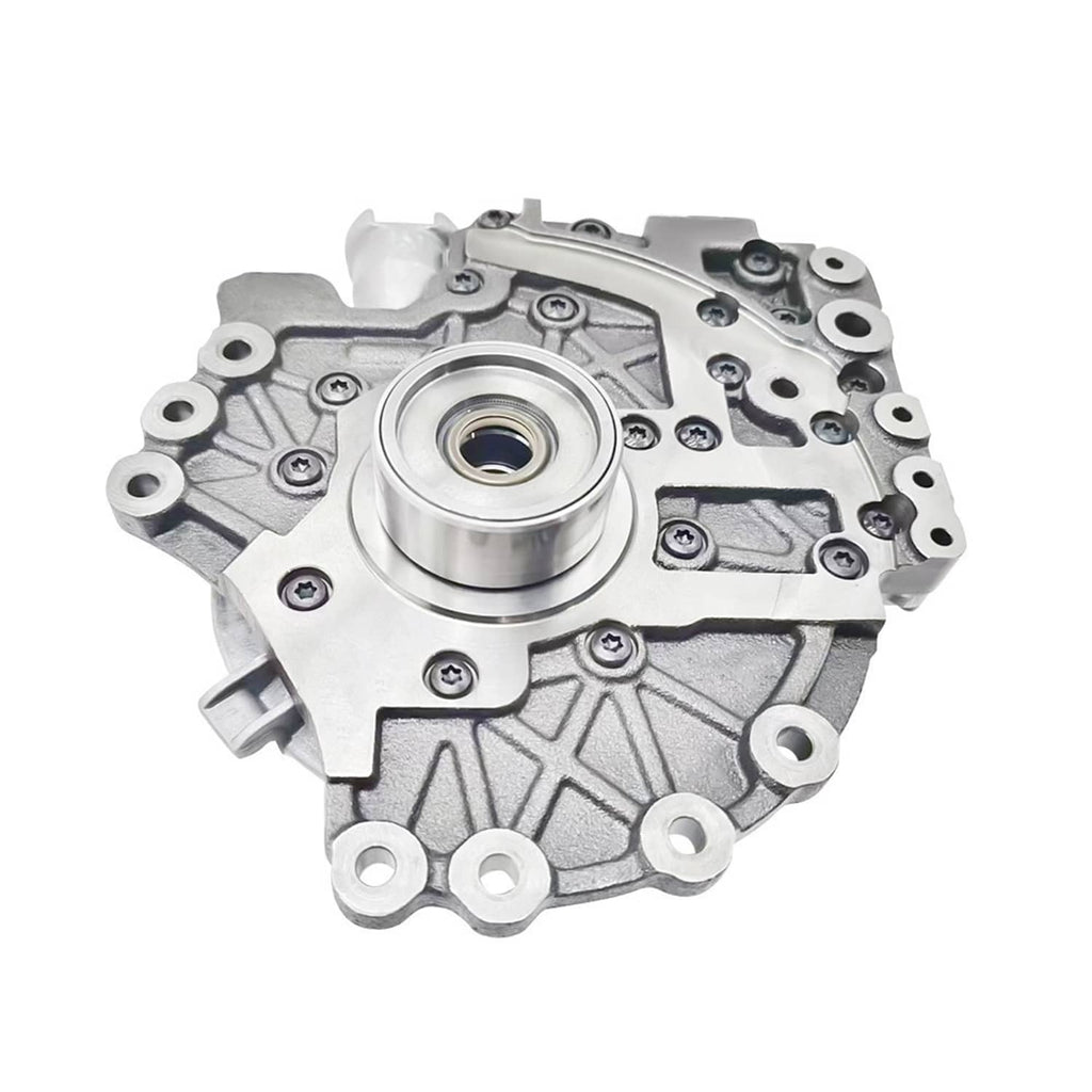 Transmission pump assembly metal housing with round center cap and bolts, front view