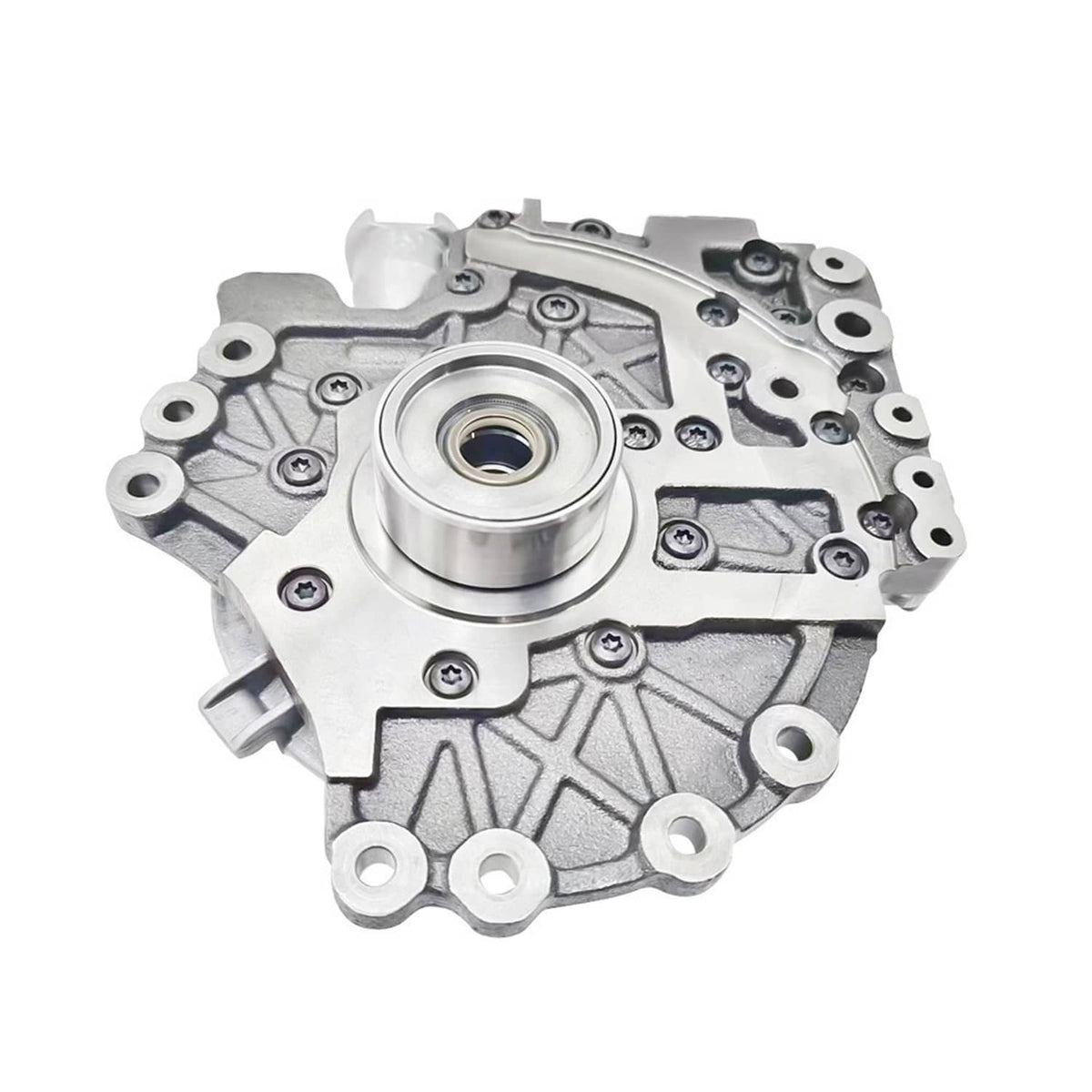 Transmission pump assembly metal housing with round center cap and bolts, front view