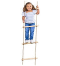 Rope climbing ladder with wooden rungs and blue crossbar, two hanging ropes