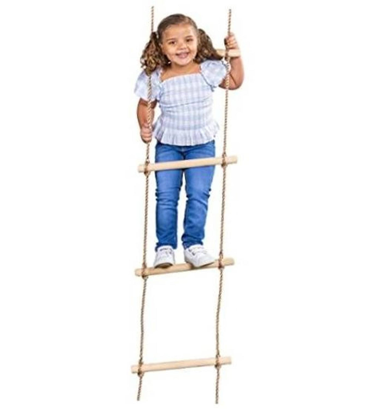 Rope climbing ladder with wooden rungs and blue crossbar, two hanging ropes