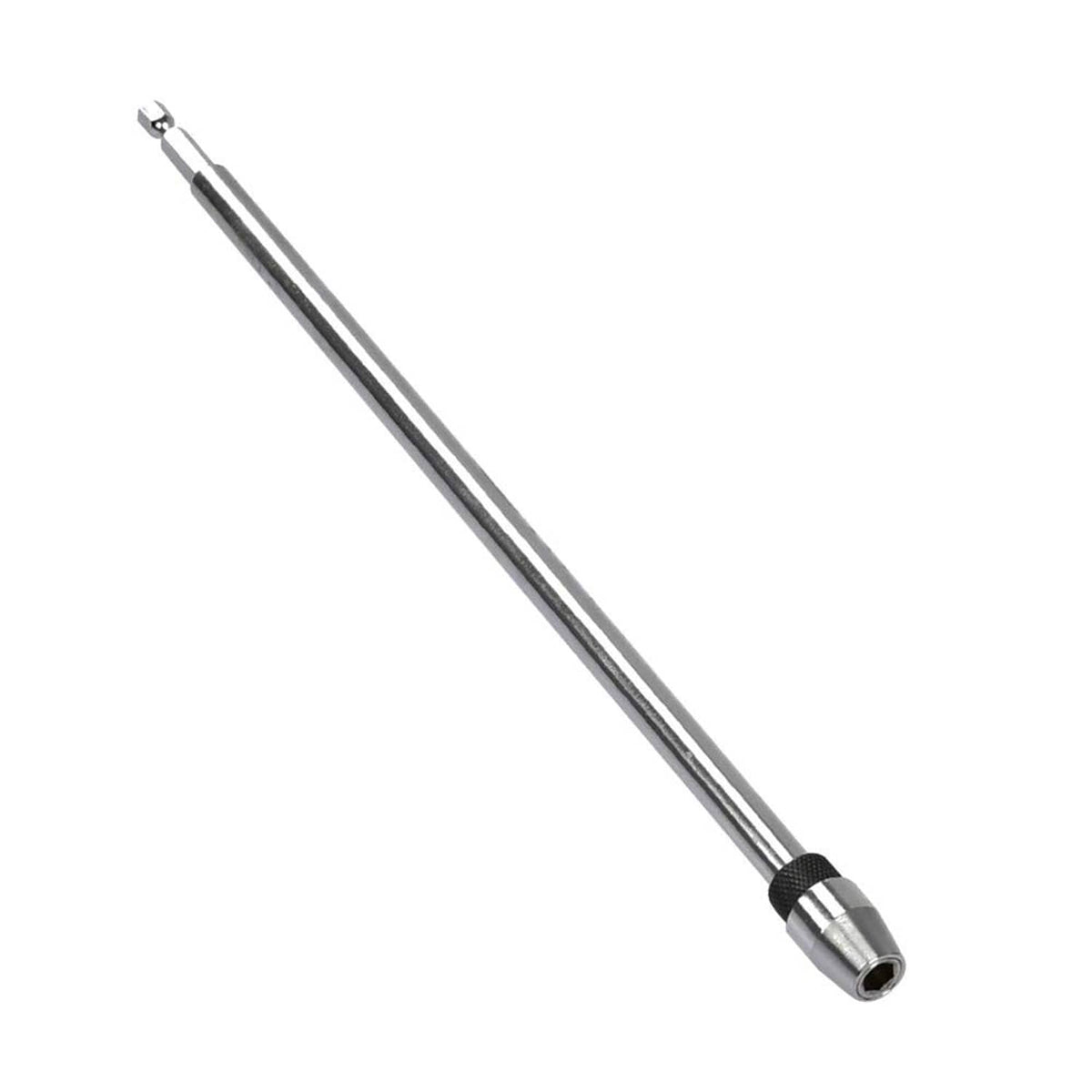 Long metal bit holder extension screwdriver with black end ring and hex socket
