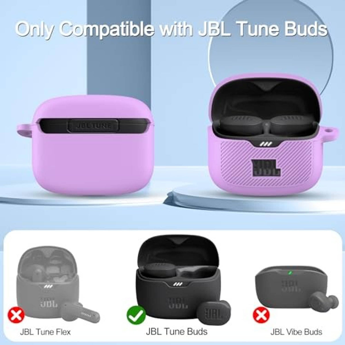 Purple silicone earbuds case with carabiner, shown open and closed