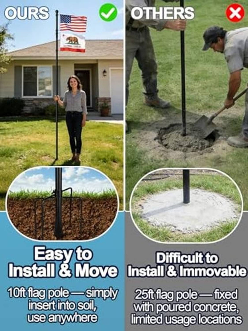 In-ground flag pole base shown being installed in soil with a pointed stake.