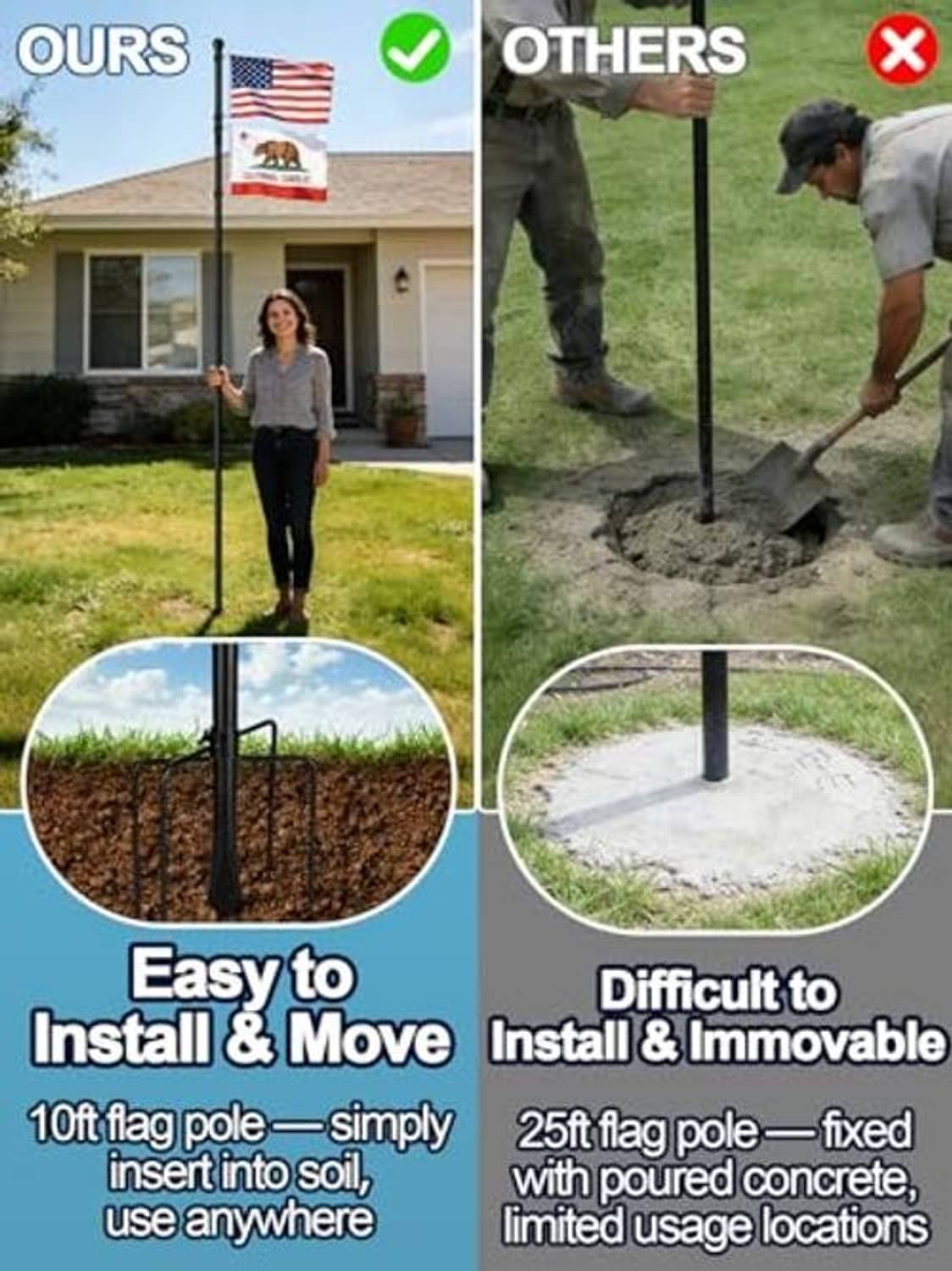 In-ground flag pole base shown being installed in soil with a pointed stake.