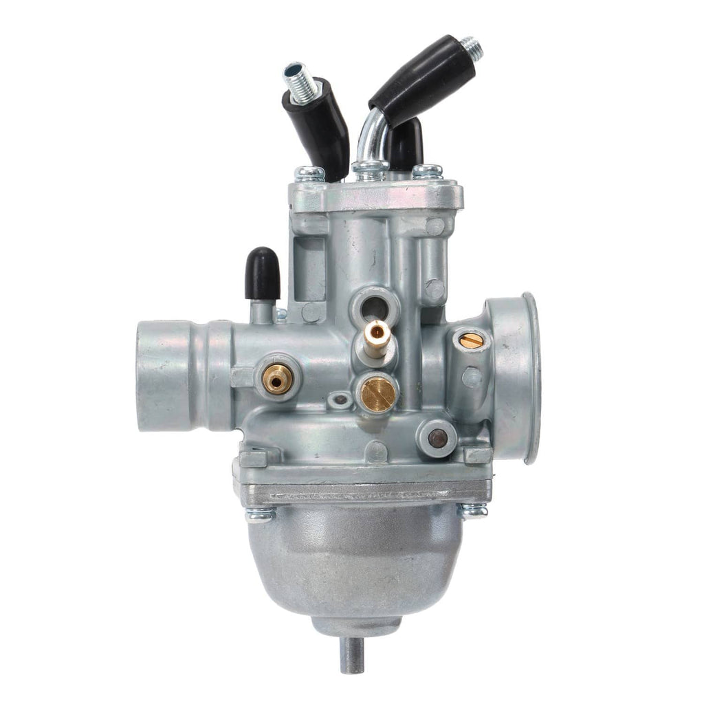 Carburetor side view with brass fittings, black hoses, and metal intake ports