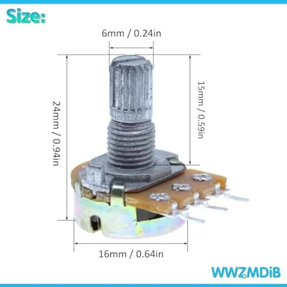 Rotary potentiometer with metal shaft and PCB mounting pins