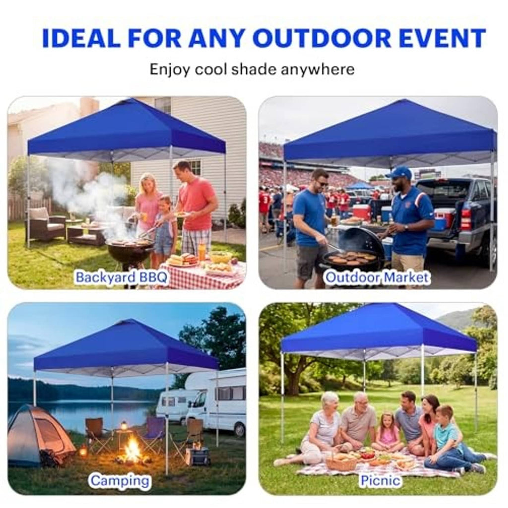 Blue canopy top assembled on an outdoor frame for events