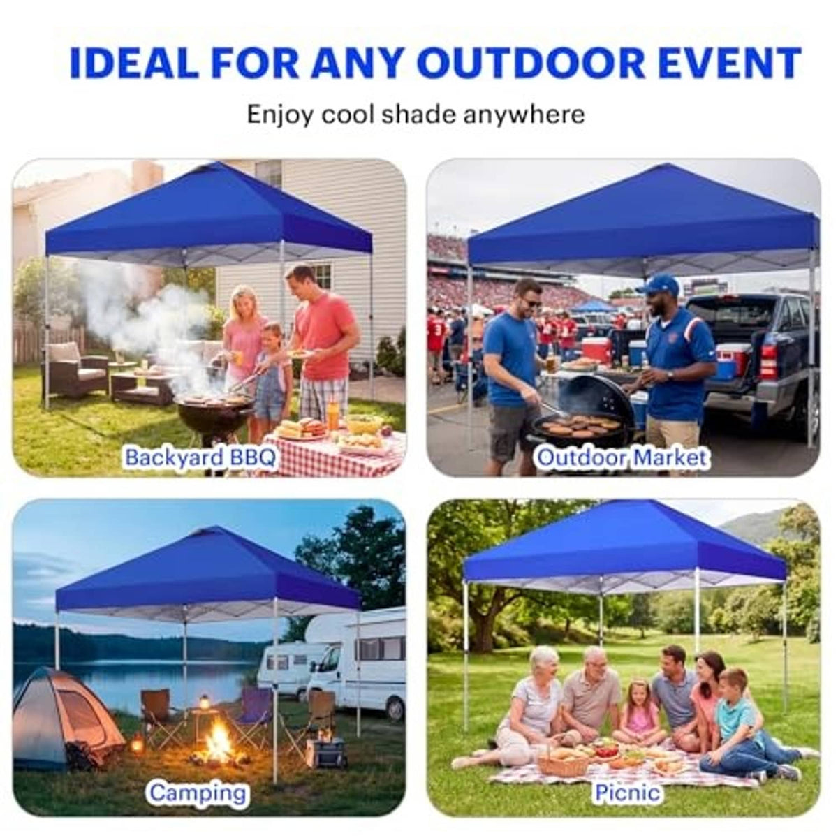 Blue canopy top assembled on an outdoor frame for events