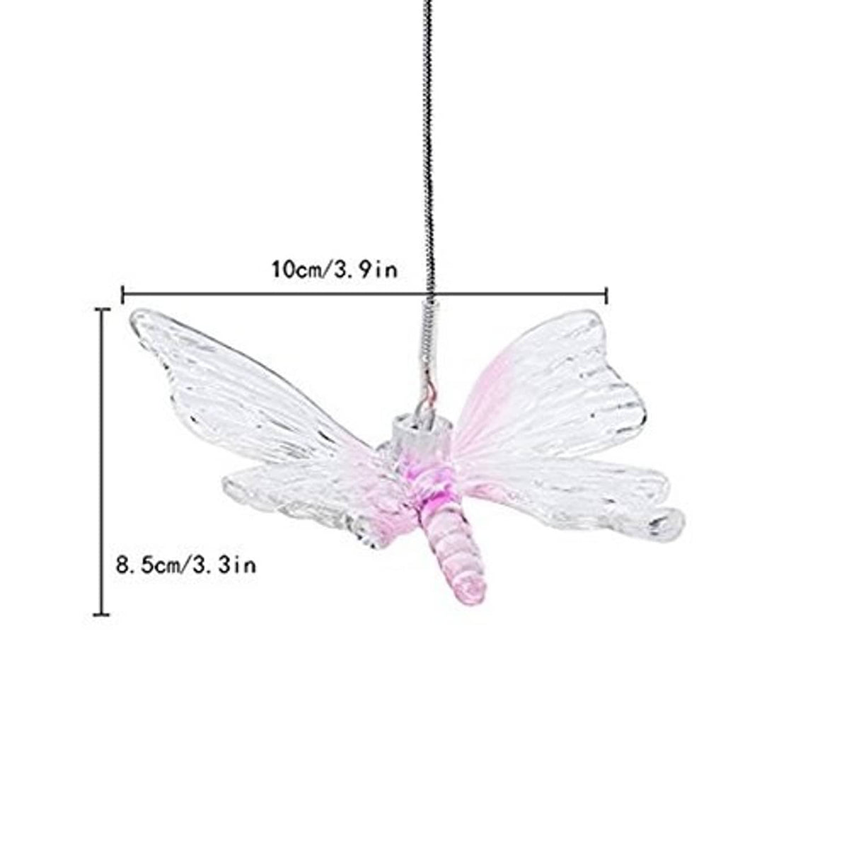 Pink and clear butterfly ornament on a string, marked 10 cm wide and 8.5 cm long