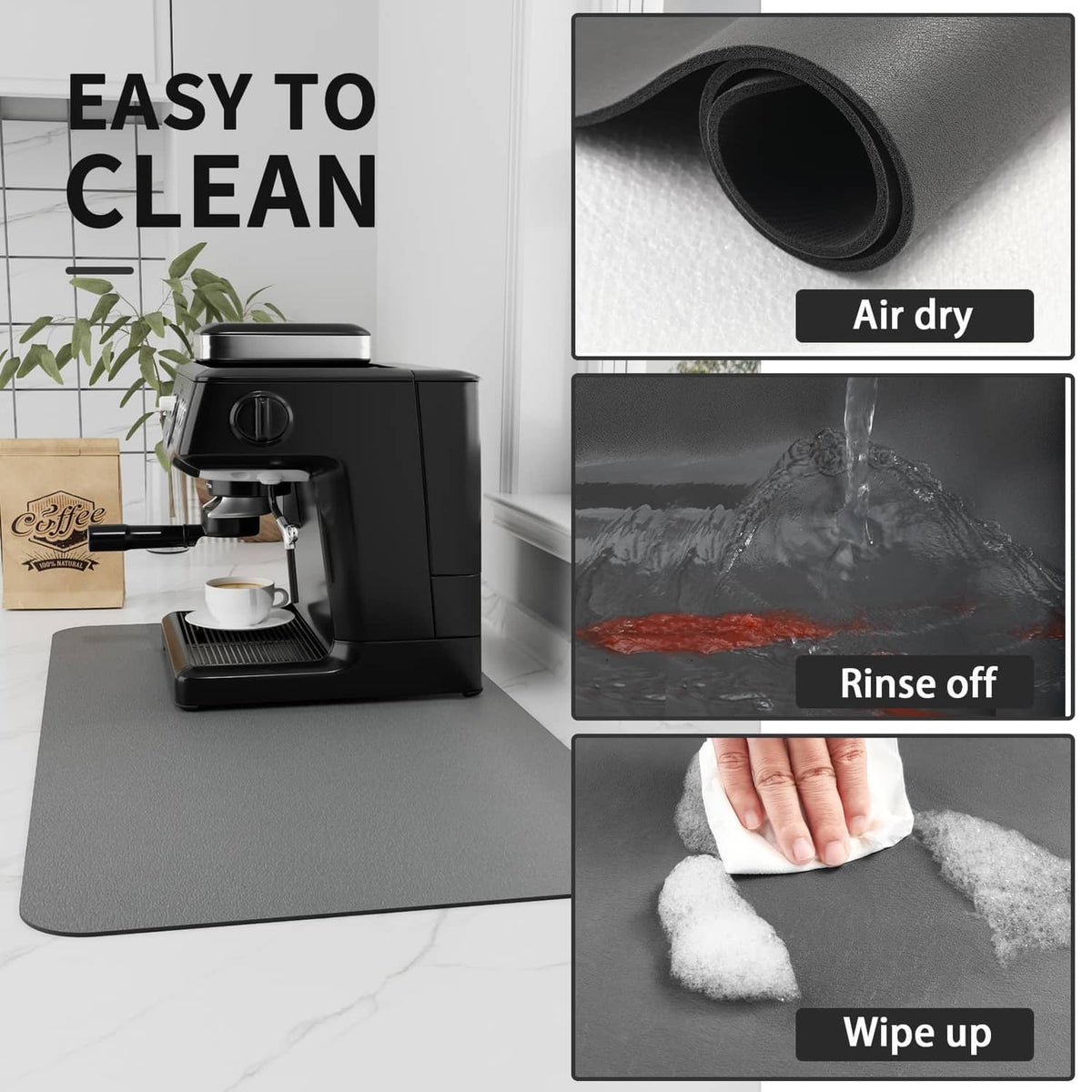 Dark gray coffee mat under espresso machine, easy to clean and wipe up spills