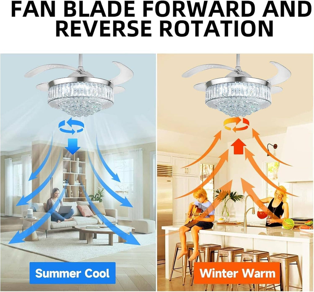 Ceiling fan with crystal light and reversible airflow arrows for summer cool and winter warm