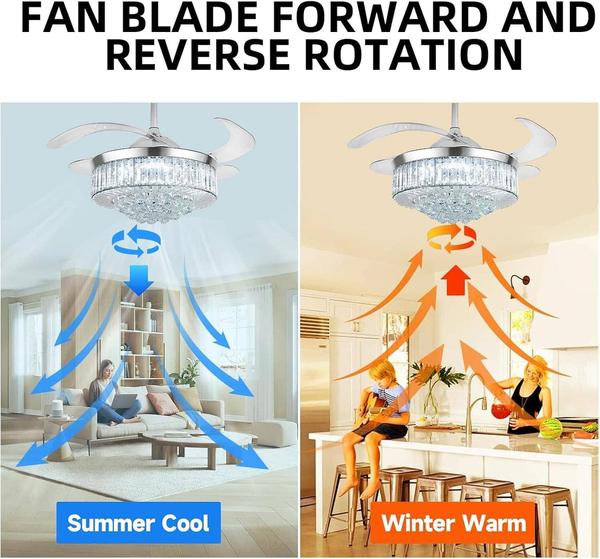 Ceiling fan with crystal light and reversible airflow arrows for summer cool and winter warm