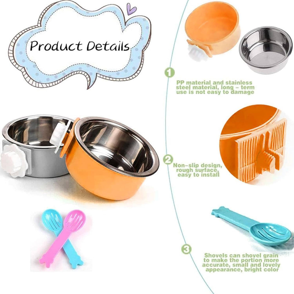 Orange and stainless steel pet bowls with blue feeding shovels and spare parts